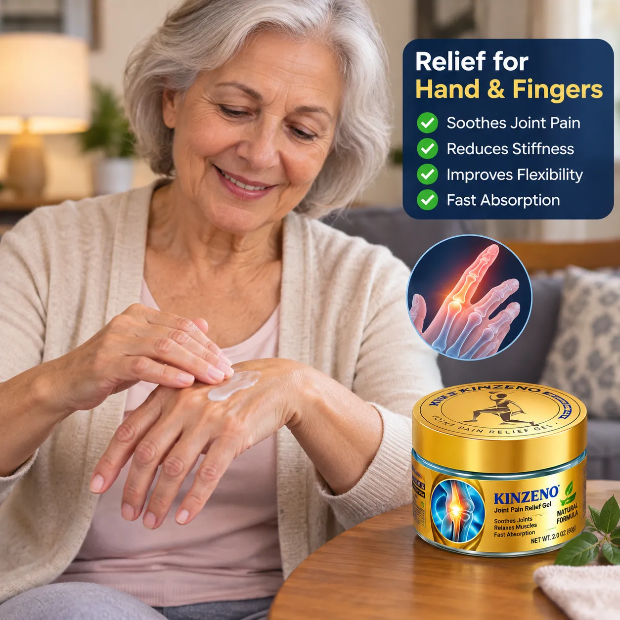 Kinzeno Gel applied to hand and fingers